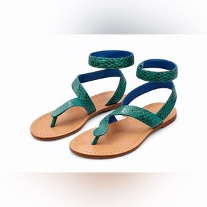Handmade Bali Emerald Snakeskin Leather Sandals Size 38 Adjustable Ankle Wrap